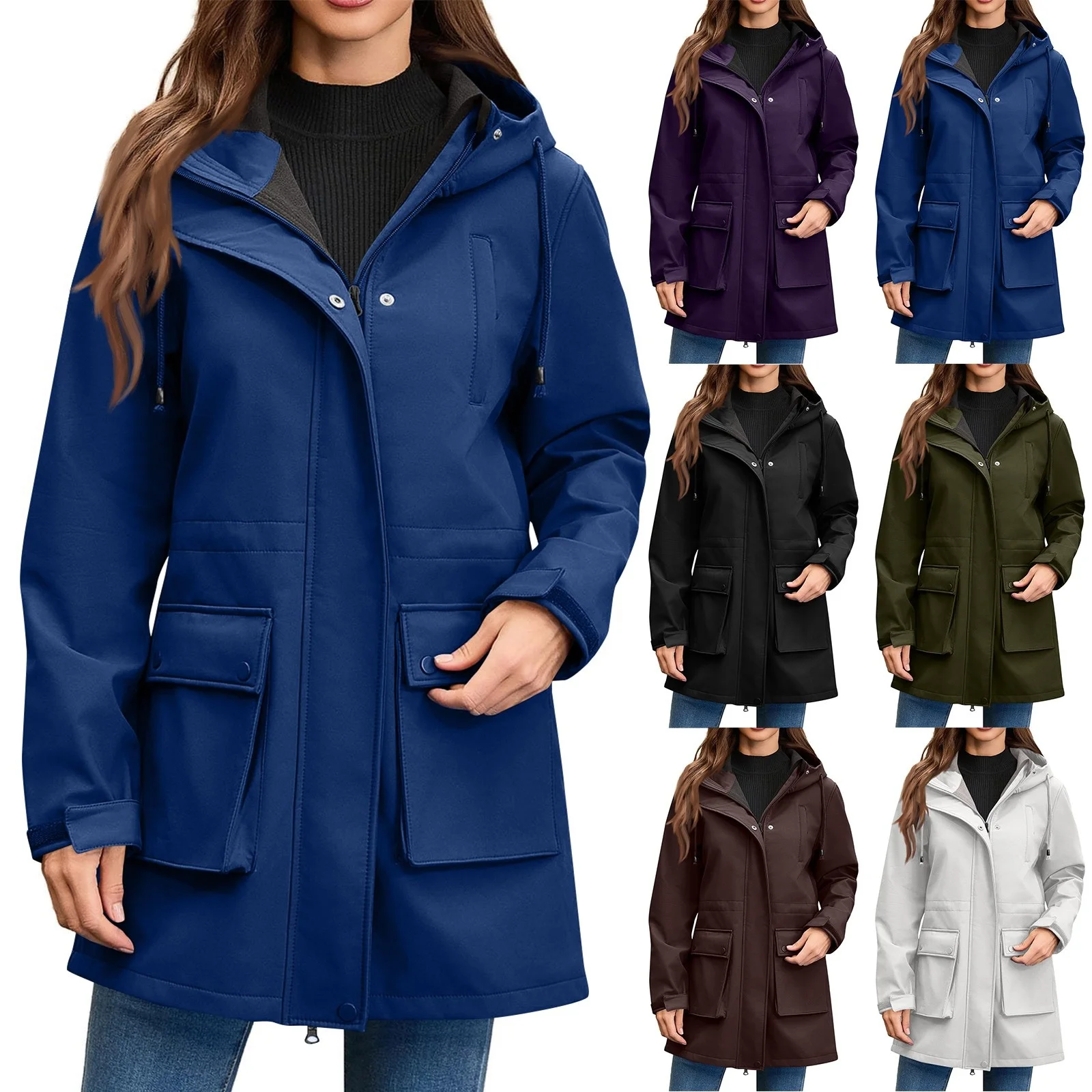 Women Casual Solid Zipper Coat Streetwear Long Sleeve Hooded Pocket Loose Windbreak Women's Zip Up Drawstring Rain Jacket Tops ﻿ view 5