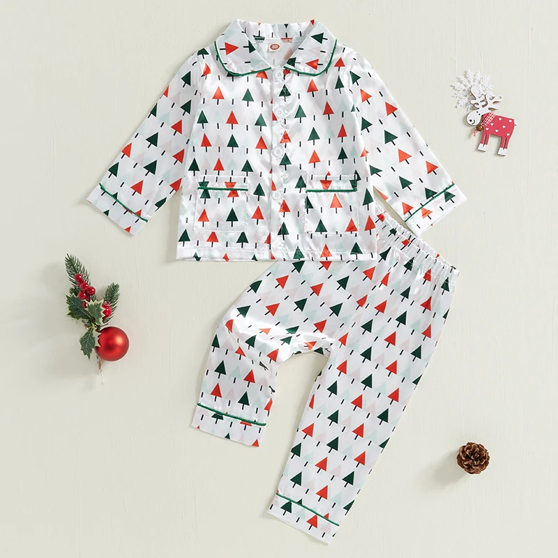 Kids Christmas Pajamas Set, Plaid/Tree Print Long Sleeve Tops with Pants Sleepwear