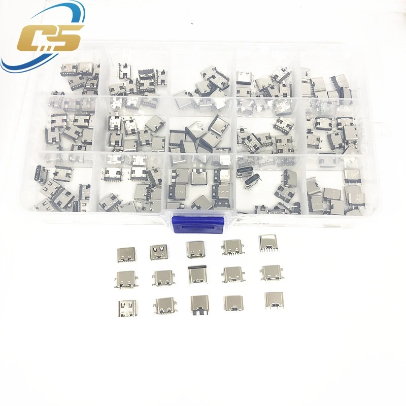 150Pcs/Box 15Models Type-C USB Charging Dock Connectors Mix 6Pin and 16Pin Use for Phone and Digital Product Repair Kits