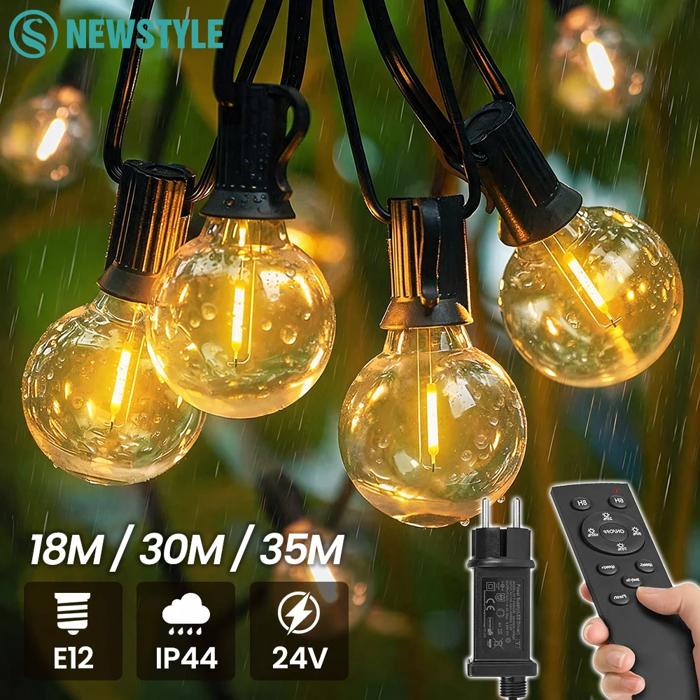 Outdoor String Lights with Remote Low Voltage 24V Dimmable 2700K Warm White Timer & 3 Modes G40 Bulbs String Light for Garden
