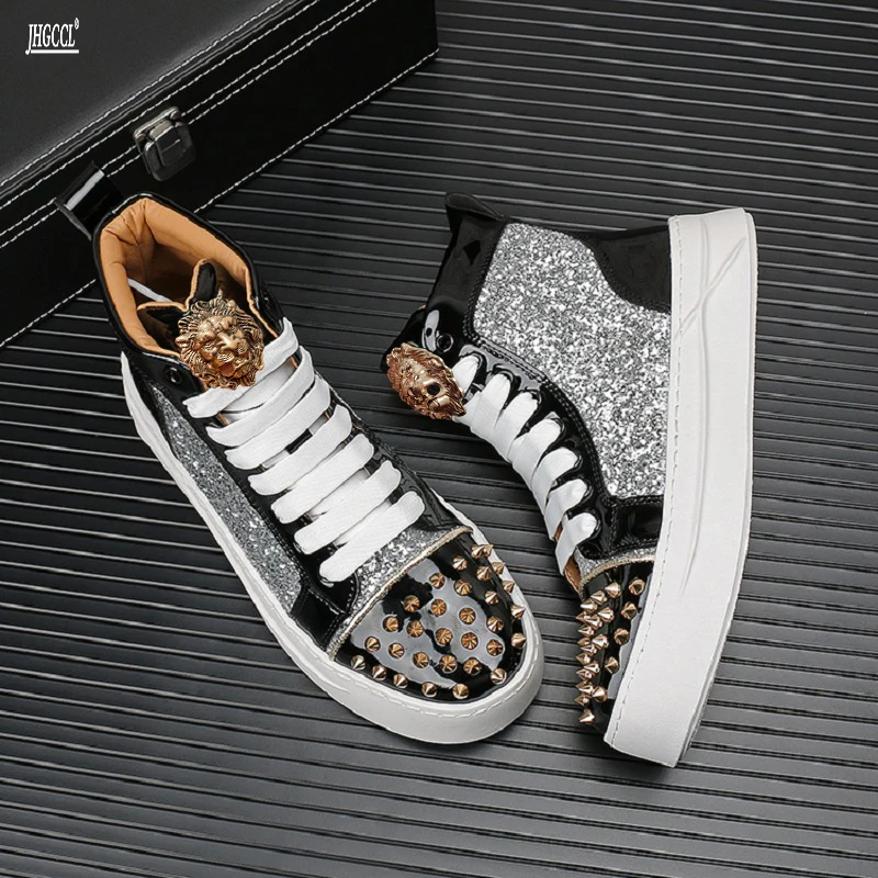 NEW Luxury Rhinestone Men's Sneakers Studded Boots Hip Hop Casual Sneakers Zapatilas Hombre A6