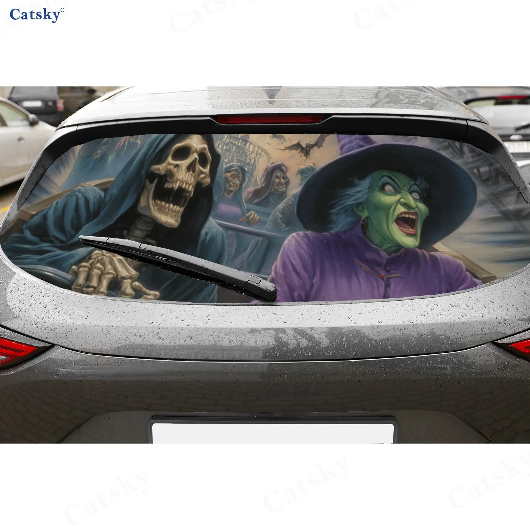 Grim Reaper and Witch Halloween Car Rear Window Decal, Waterproof Self-adhesive & Anti-scratch Auto Vinyl Wraps Sticker, Auto De