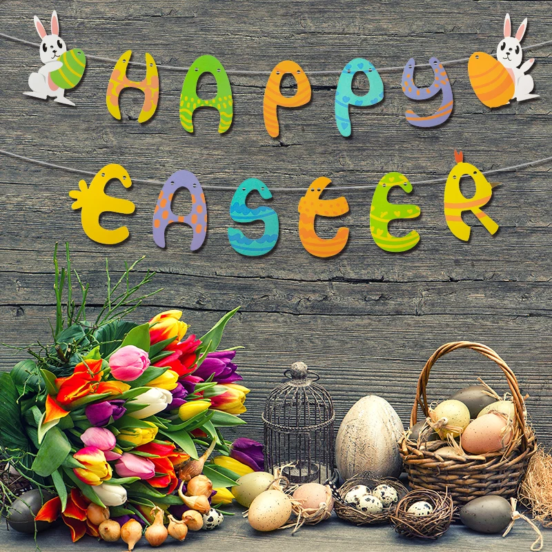 Happy Easter Banner Colorful Bunny Easter Eggs Carrot Banner Garland Signs Spring Themed Easter Day Decorations for home