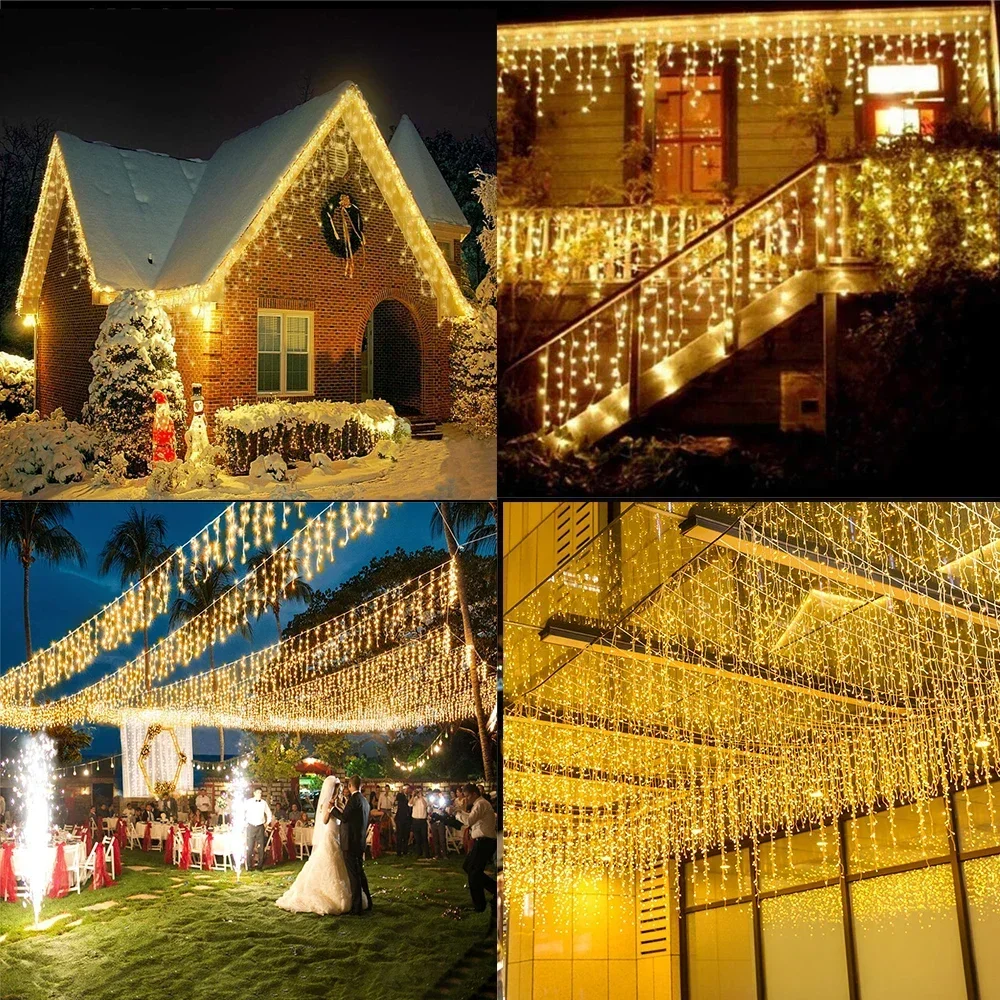 New Year Christmas Decorations For Home Outdoor Waterproof LED Curtain Icicle String Lights Street Garland On The House Winter