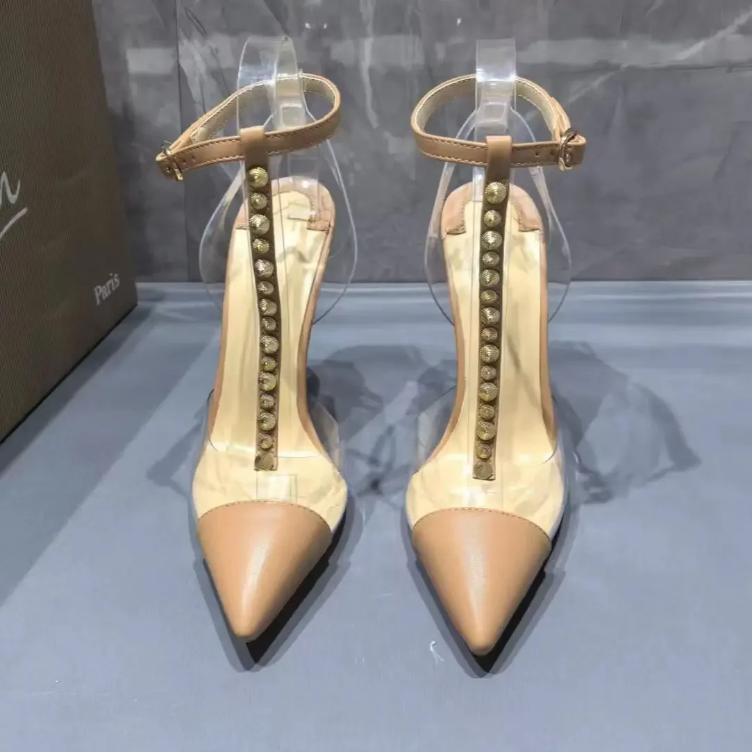 Rivet Studded Women Stiletto Heel Pumps Sandal Pointed Toe Ankle Strap Transparent PVC Red Sole Nude Sexy Luxury Fashion Shoes view 4