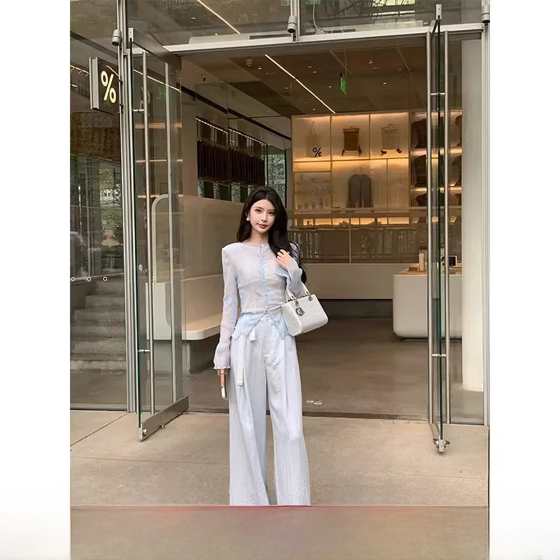 

Blue Lace Wide Leg Pants High Waist Slimming Design Women's Casual Straight Leg Trousers Spring New Sle Comfortable Commute