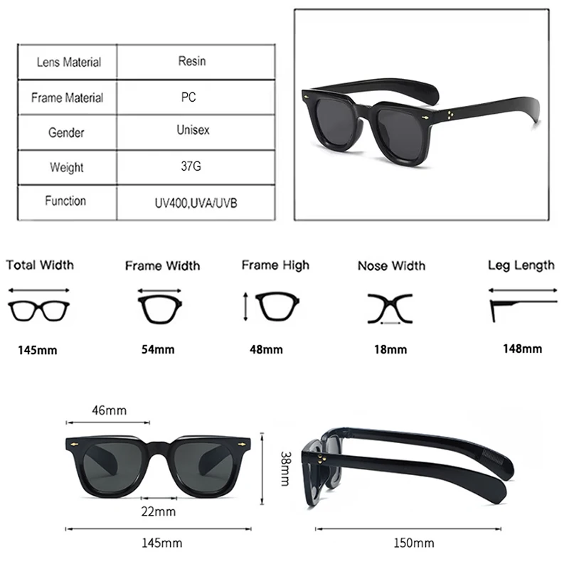 JNPCXI Square Women Rivets Decoration Design Sunglasses UV400 Retro Punk Men Tea Shades Sun Glasses