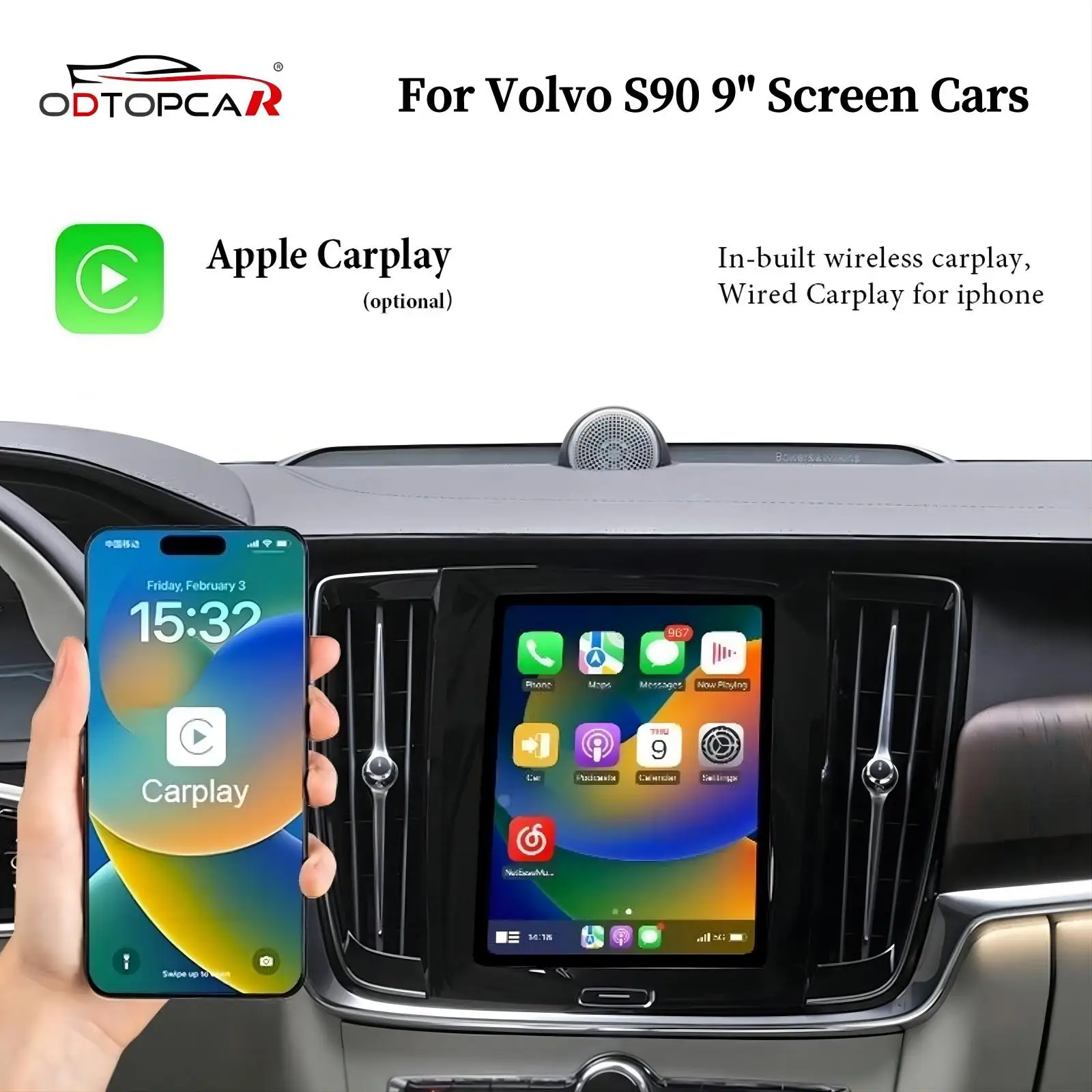 Apple Carplay Wireless Adapter for Volvo S90 Upgrade Full Screen Android Auto 9 inch Touch Screen Android 13 System Car Ai Box