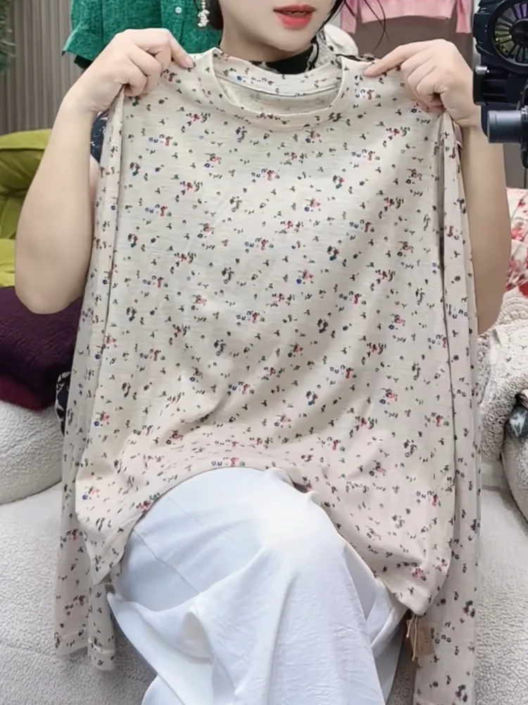 

Корейский круглый топ с цветочным принтом Ne Long Sve, модный утягивающий антивозрастной топ, большой размер, осеннее новое поступление, женский топ...