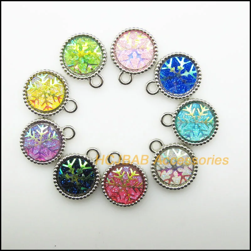 10 New Jelly Mixed Charms Dull Silver Plated Retro Snowflake Round Acrylic Pendants 15x19mm