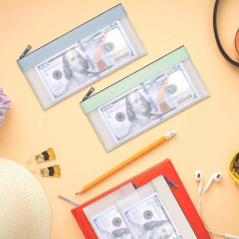Zippered Semi Transparent Money Pouch Cash Bank Bags Clips Coins Bills Stationery Gift For Office School