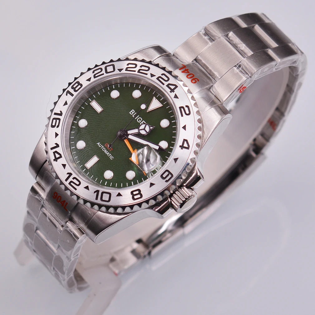 

40mm Bliger GMT Function Watch Green Luminous Sterile Dial Date Automatic Sapphire glass Stainless watch