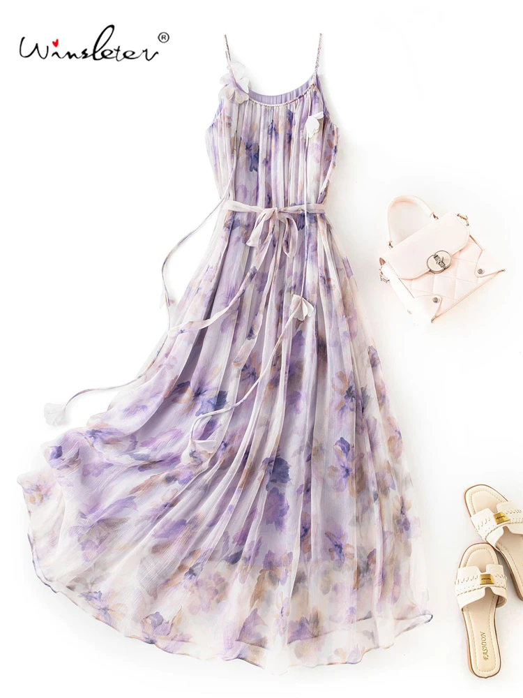 

Winsleter-Women 100%Real Silk Elegant Dress, Suspender Strap Print, French Beach Vacation Bohemia Dresses, 2025 Summer D58239CC