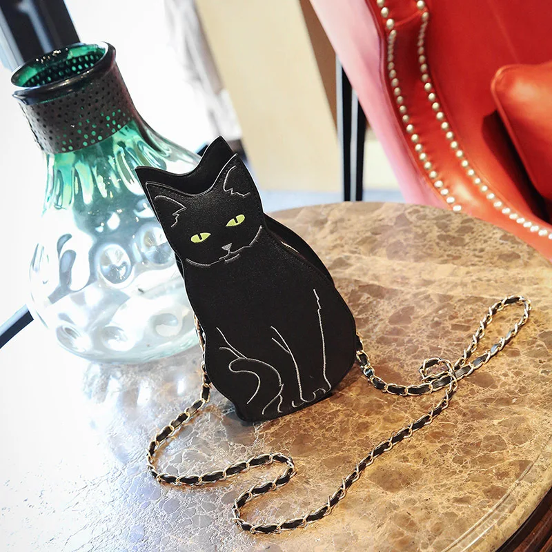 2023 New Cute Black Cat Chains Shoulder Bags Designer Messenger Bag Luxury Pu Leather Crossbdoy Bag Lady Harajuku Small Purses