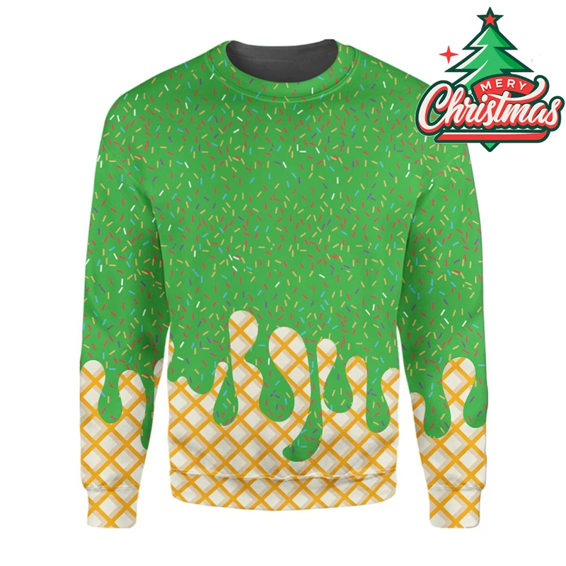 Funny Ice Cream Print Cosplay Christmas Ugly Sweater For Men Kids Festival New Funny Round Neck Sweaters Personality Sweatshirt