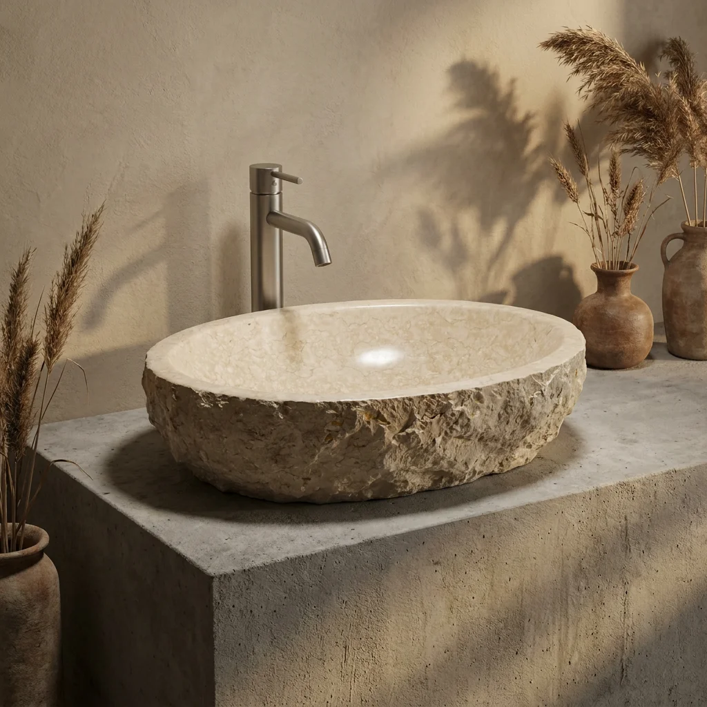 #P Aquarius Modern Beige Stone Oval Bathroom Sink Natural Marble Countertop Easy Clean Eco-Friendly Hotel & Villa Use Basin