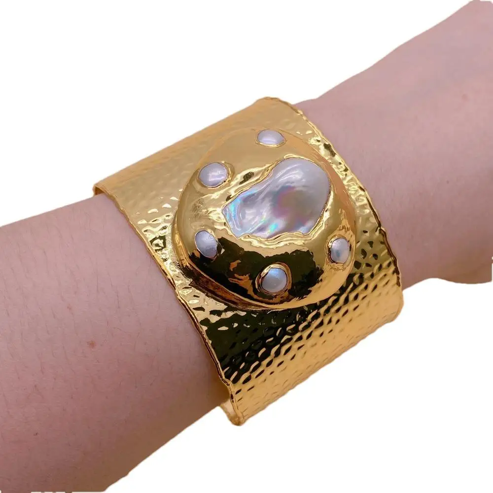 

yygem 15x25mm Cultured White Baroque Pearl Gold Plated 55mm Cuff Bangle Bracelet Wrist Jewelry For Women