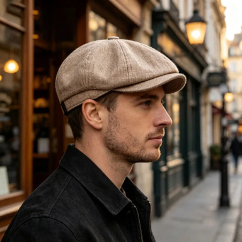 Vintage Linen Blend Newsboy Cap, Retro Gatsby Flat Ivy Hat, Adjustable Octagonal Beret for Men Women