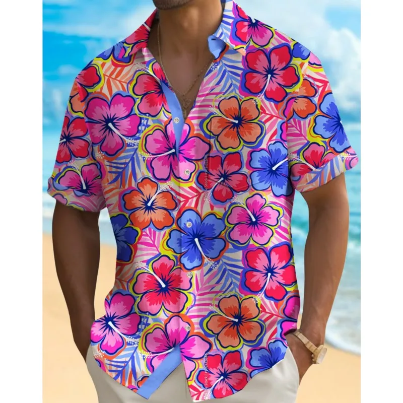 Kemeja Hawaii untuk pria, kemeja motif 3D gaya Hawaii lengan pendek dengan kerah Lapel gaya Hawaii, kemeja blus musim panas untuk pria