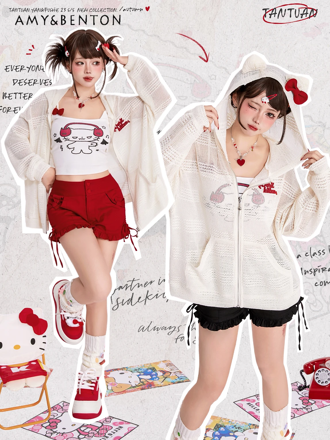 

Sweet Girlish Style Cat Ears Bow Embroidered Hollow Sweater Subculture Goth Hooded Oversized Cardigan Women Y2K White Cardigans