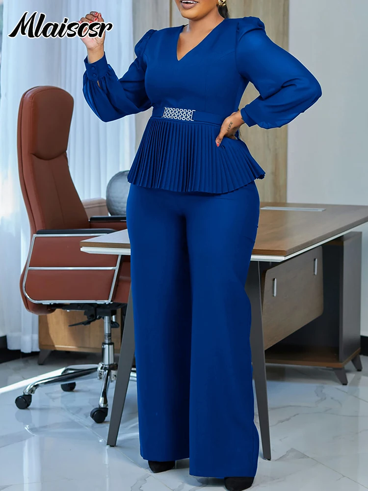 Mlaiscsr Elegant Long Sleeve V-neck Pleated Belt Top and Wide Leg Pant Matching 2 Piece Sets African Women Office Lady Outfits