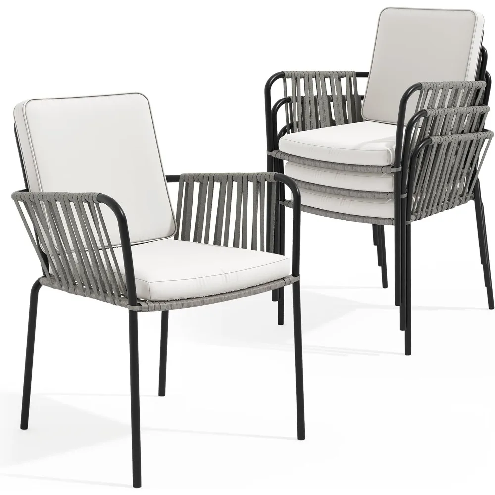 

Outdoor Dining Chair Set of 4, All-Weather Rope & Rattan Woven Chairs, Indoor-Outdoor Armchair Seating for Patio, Backyard, Poo