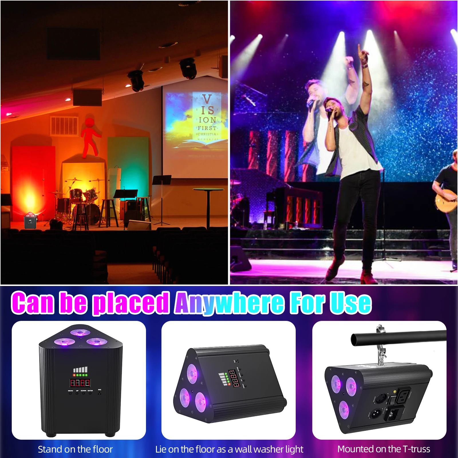 2PCS RGBW LED Battery Par Light 4-in-1 Dyeing Lights Wall Wash Light Stage Lighting Effect for Party Concert Wedding Theater