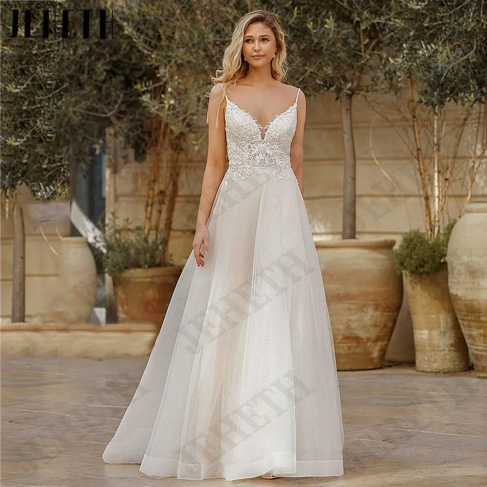 

JEHETH Appliques A-Line V-Neck Wedding Gowns Backless Sleeveless Bride Dresses Spaghetti Straps robe de mariée Custom Made 2024