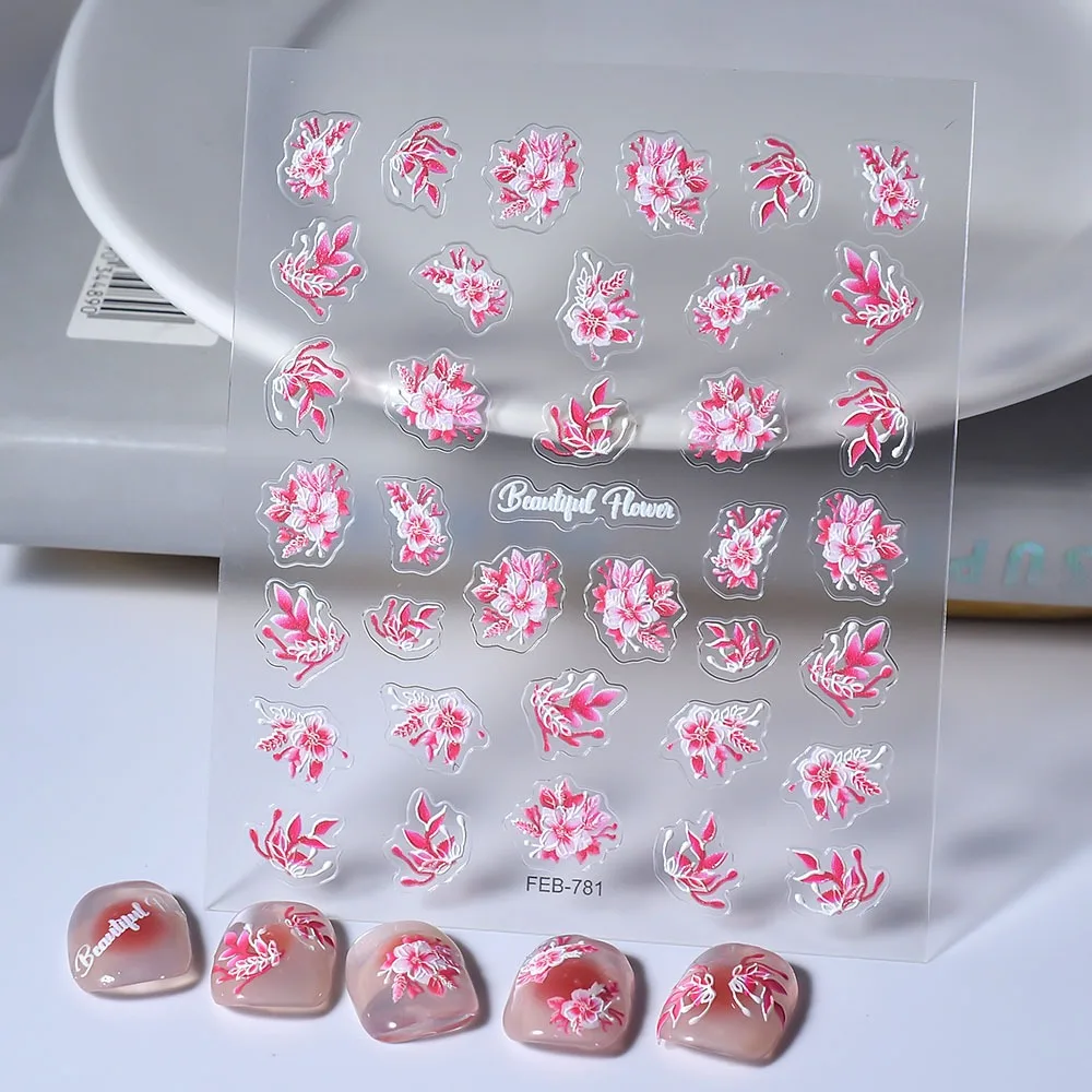 Florals Petals Flowers Flowers Nail Stickers 5D Embossed Bronzing Flowers Nail Decals Nail Supplies Pink Blue