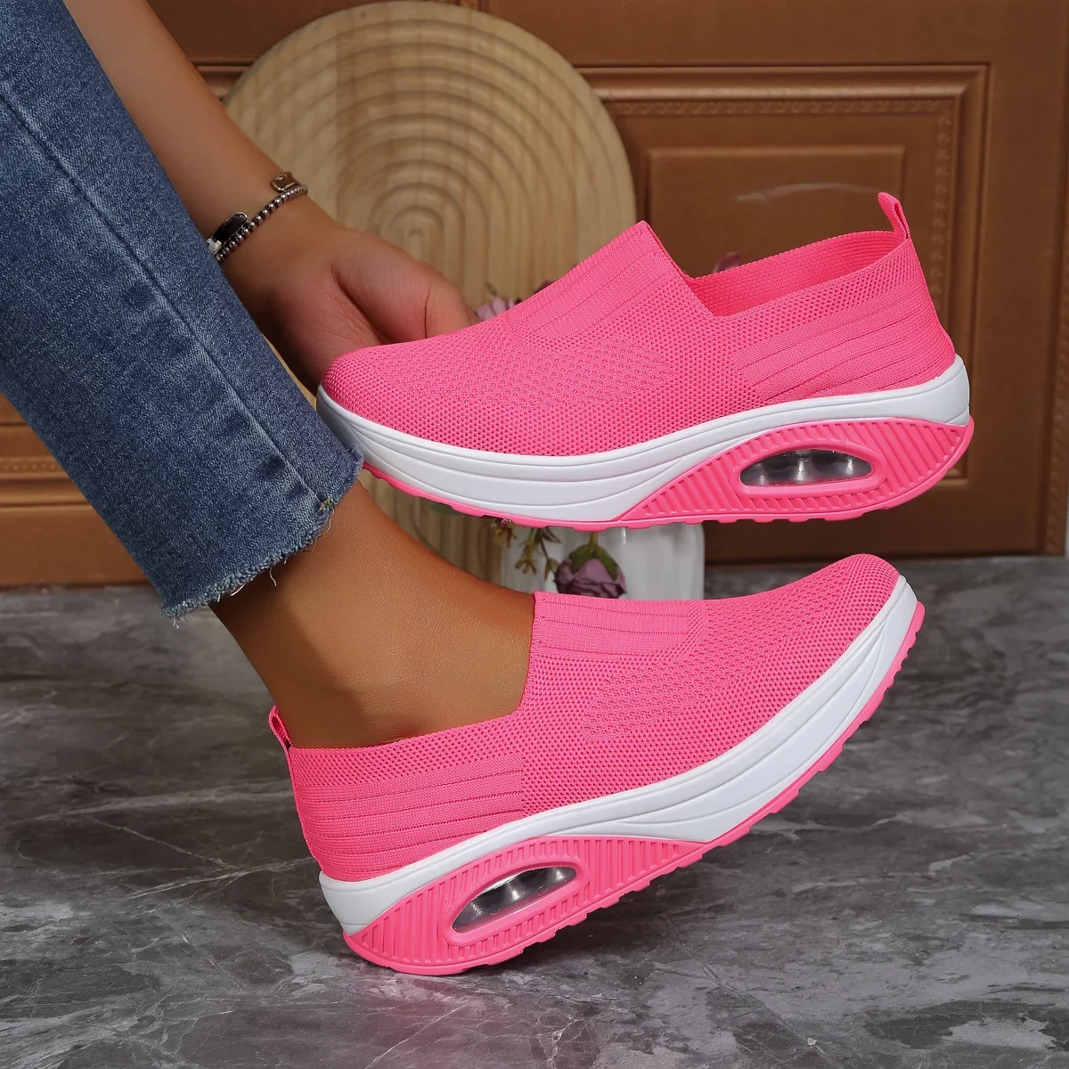 Women\'s Fashion Thick Sole Air Cushion Elevated Sloping Heel Rocking Shoes for Women Casual Sport Sock Sneakers Zapatillas Mujer