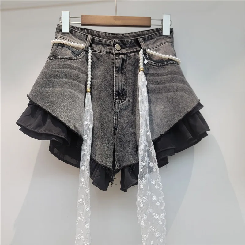 High Street Jean Shorts Women's Slanted Edge Splicing Jeans New Summer High Waist Slimming A-line Shorts Wide Leg Hot Pants