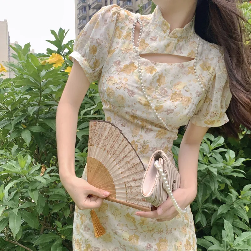 

Summer Cheongsam Women Modern Improved Yellow Beaded Fashion Young Girls Sweets China Qipao Chinese Traditional Dress Retro Slim