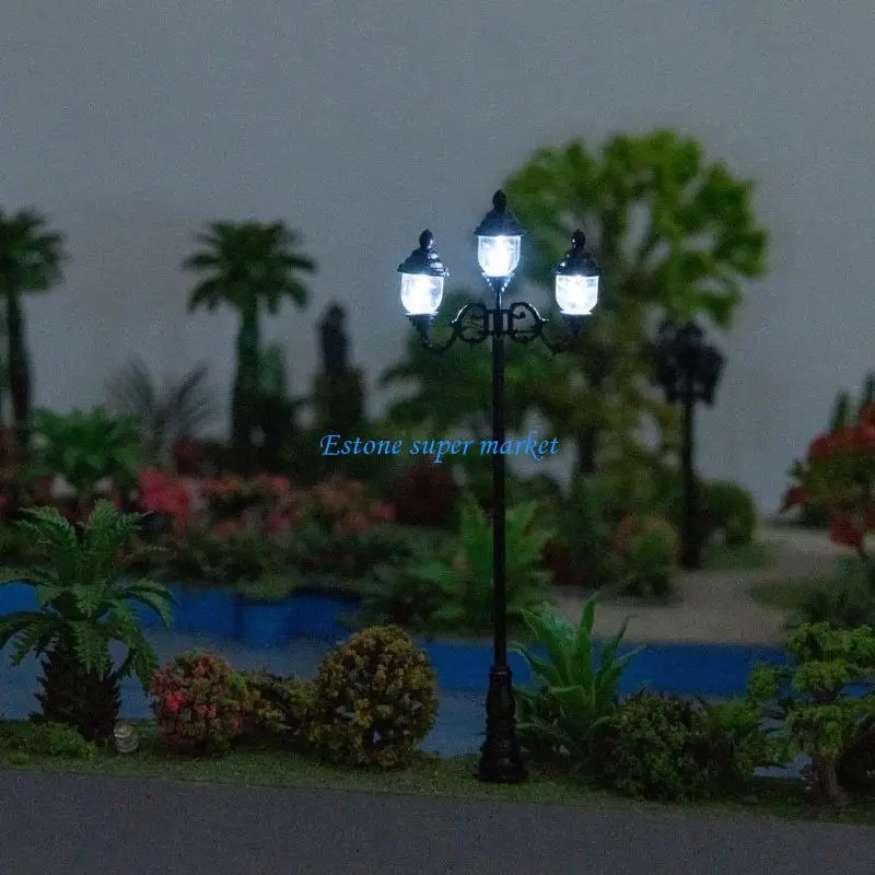 090B Miniature Street Post Lights DIY Dollhouse Accessories for Pretend for Play Can Be Lighted Up Triple-Head Warm Cold Ligh