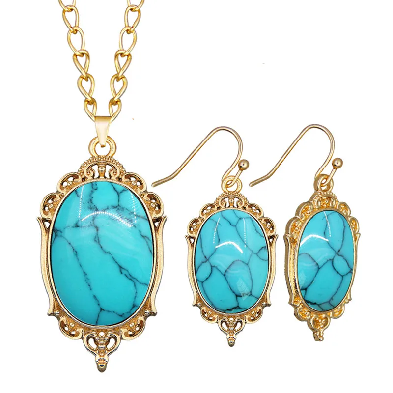 Synthetic Howlite Turquoises Necklace Earring Jewelry Set For Women Gold Color Fashion Red White Blue Stone Victoria Pendant