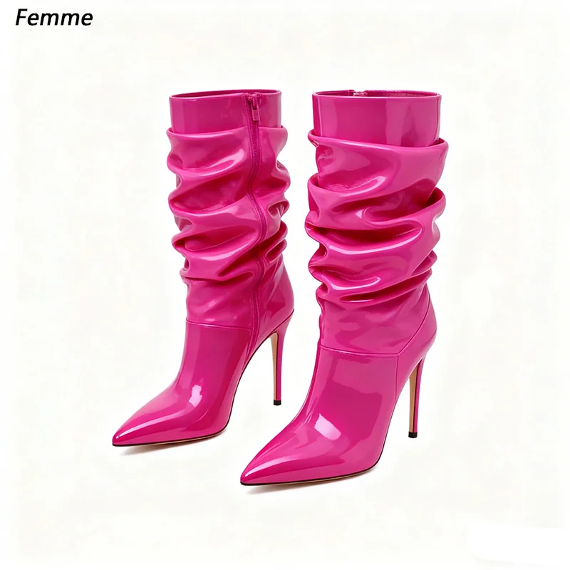 أحذية مترهلة مصنوعة يدويًا من الجلد اللامع باللون الوردي الساخن - أحذية كاحل مكشكشة بكعب ستيليتو للنساء، مقاس حفلة Y2K 35-47 #1