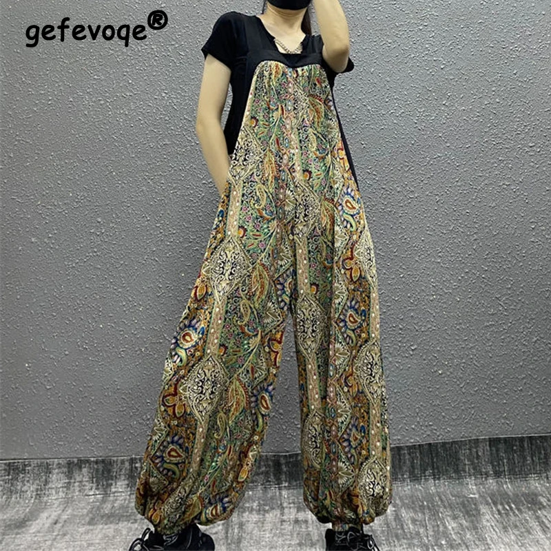 

Women Vintage Print Streetwear Oversized Harajuku Wide Leg Jumpsuits Y2K Summer Pockets Loose Sleeveless Rompers Baggy Overalls