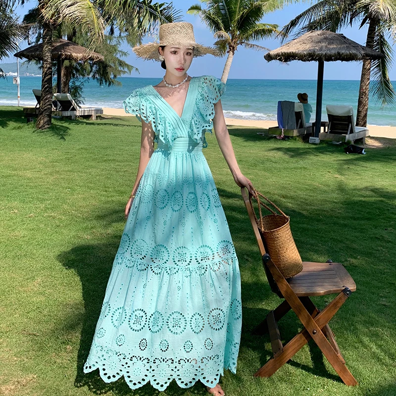 Boho Hollowed Out Lace Hook Flower Summer Dress Women Turquoise Flying Sleeve V-neck Fairy Vacation Dress Casual Party Dress