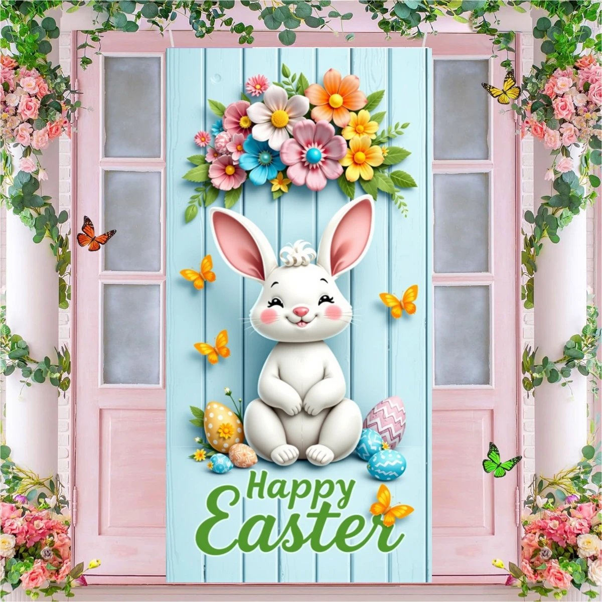 Happy Easter Door Cover Funny Bunny Lining for Doors Easter Spring Colorful Eggs Rabbit Flower Backdrop Home Door Decoration New