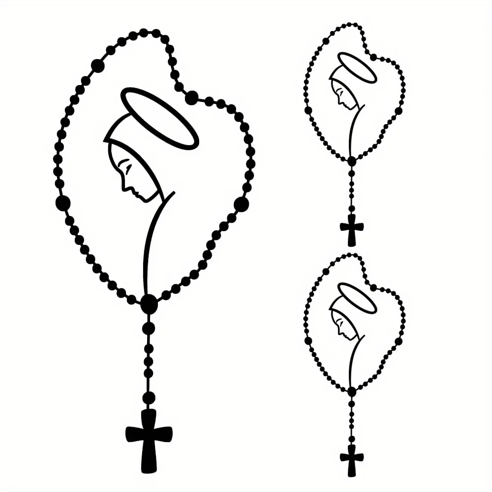 3Pcs/Set Virgin Mary Rosary Heart Sticker, Waterproof Vinyl Catholic Religious Decal for Car Window