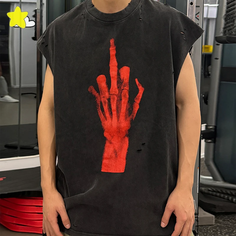 

Men Women Streetwear Red Skull Finger Print Saint Sleeveless T-Shirt Top Quality Damaged Hole Vintage Washe Black Tank Vest