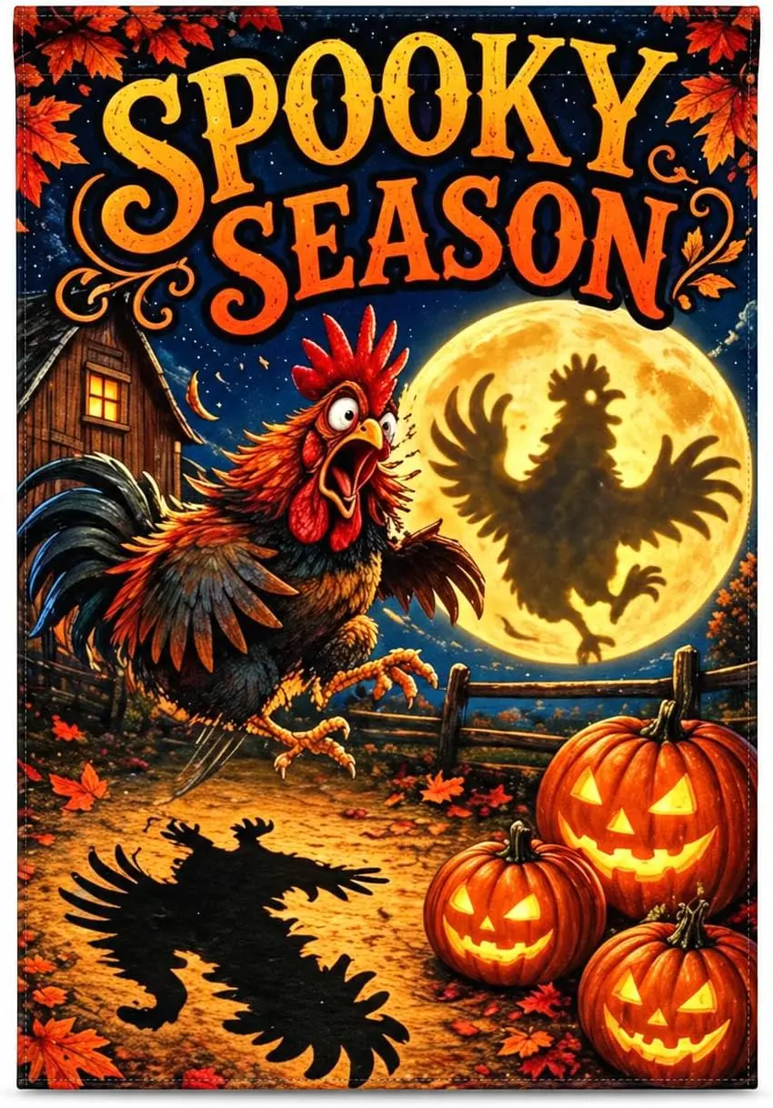 Spooky Season Halloween Garden Flag,Rooster with Pumpkins,Full Moon Design jaa