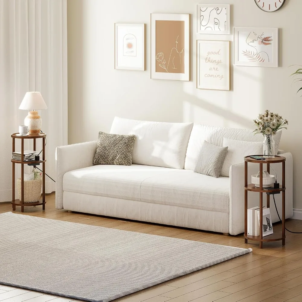 HOOBRO Lot de 2 petites tables d'appoint rondes avec station de recharge, tables d'appoint rondes en bambou à 3 niveaux, tables de chevet compactes pour canapé, faciles