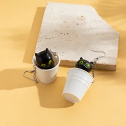 1 Pair of Cat and Bucket Novelty Earrings Black Cat White Bucket Cute Animal