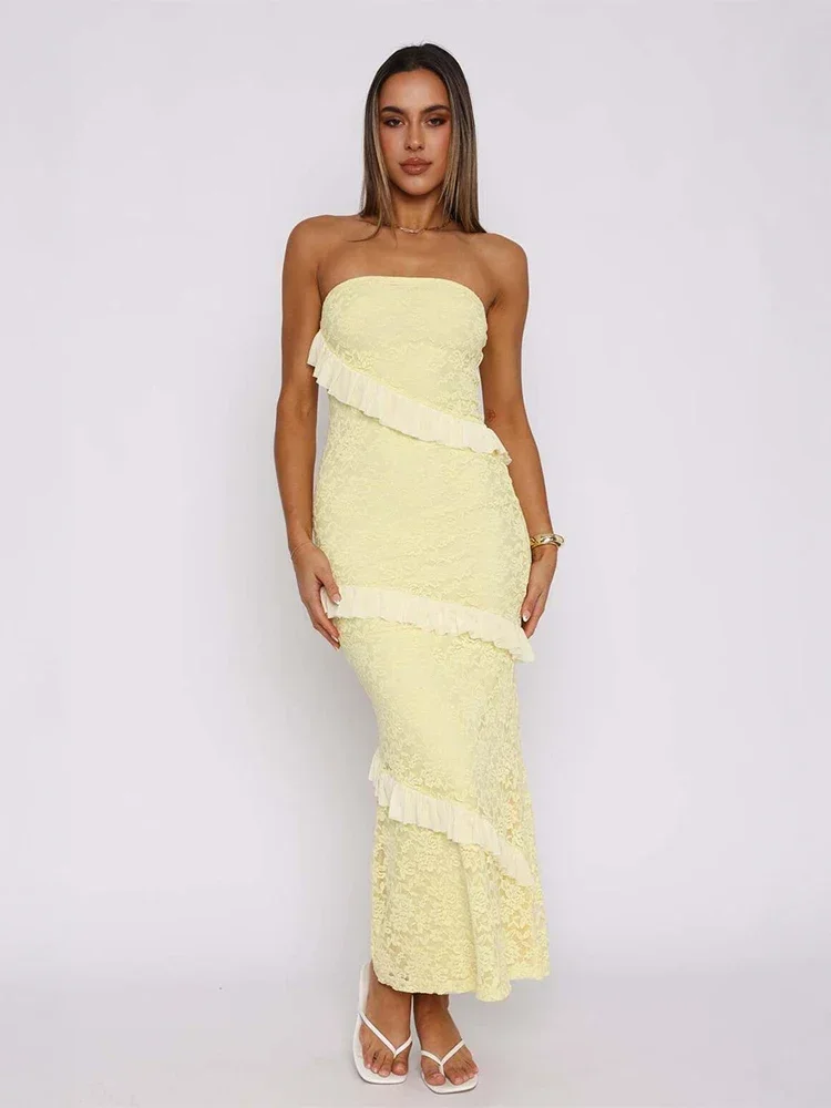 Lace Trim Strapless Off-shoulder Backless Dress Women Elegant High Waist Bodycon Fashion Long Dresses 2026 Lady Party Club gowns