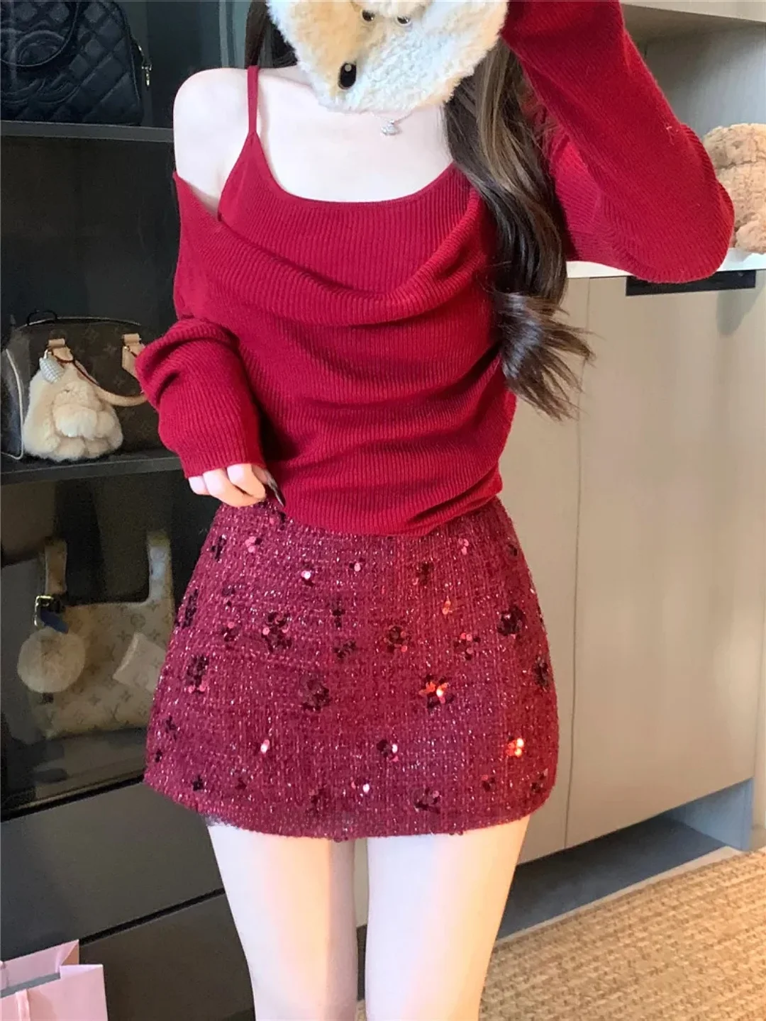 

Юбка А-силуэта больших размеров с яркими пайетками и высокой талией для женщин, в корейском стиле, для повседневной носки, зимняя модная трендовая юбка, подчеркивающая фигуру