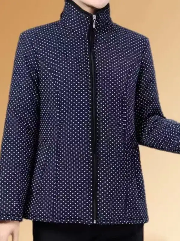 

Легкая хлопковая куртка женская демисезонная с воротником-стойкой на молнии, с круглым узором в горошек, тонкая хлопковая верхняя одежда