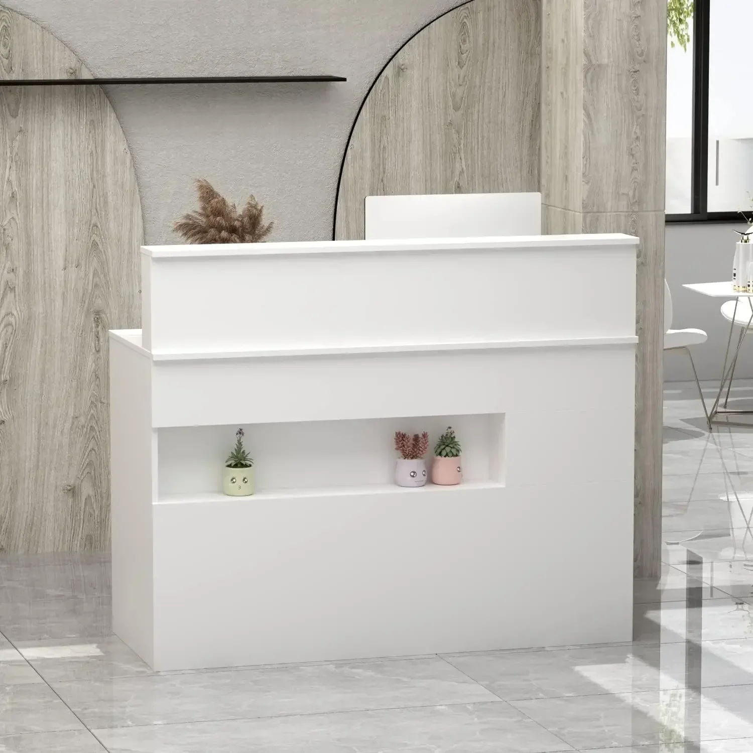 47.2W 19.7D 39.2H White Reception Counter Table Light Display Shelf Lockable Drawers Keyboard Tray Door