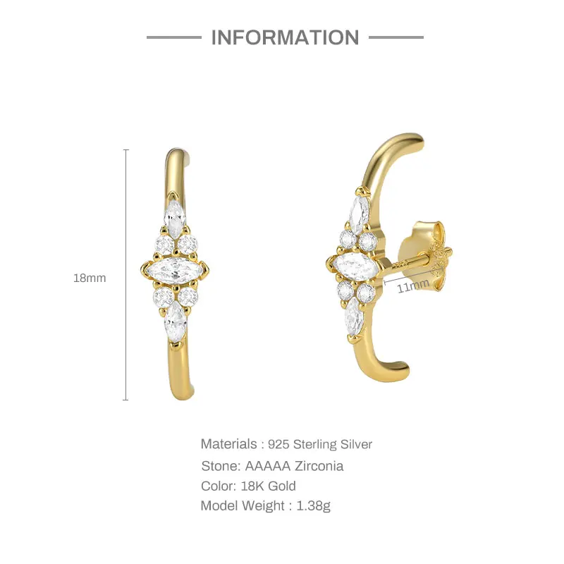 CANNER 925 Sterling Silver 18K Gold Plated White Zircon Piercing Stud Earrings for Women Surrounds Earlobe Jewelry Pendientes