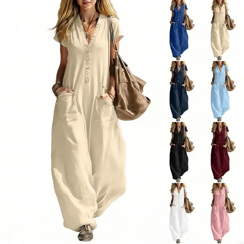 

Jumpsuits for Women Linen Button Short Sleeve Jumpsuits Wide Leg V Neck Rompers Vacation Clothes with Pockets 6XDA