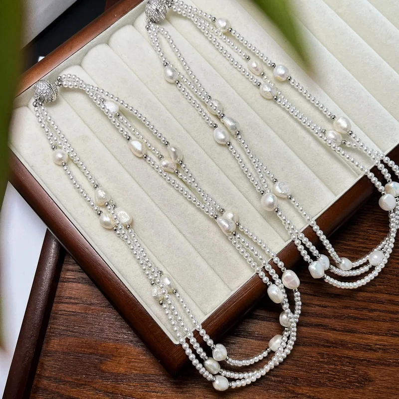 High-quality natural freshwater baroque pearl crystal multi-layered clavicle chain necklace